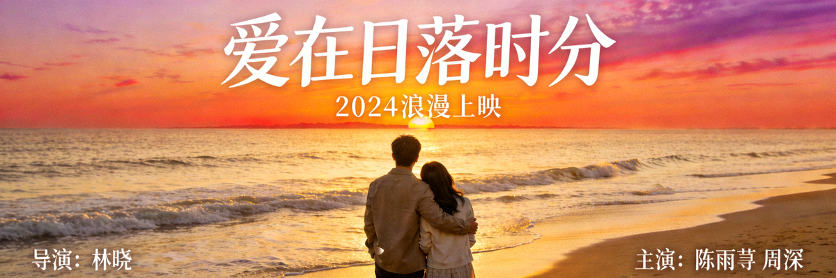 温馨爱情电影海报 - 浪漫海边日落时刻